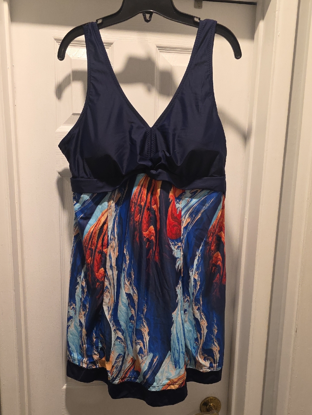 Navy Blue Swimsuit with Multicolor Wave Print Skirt
